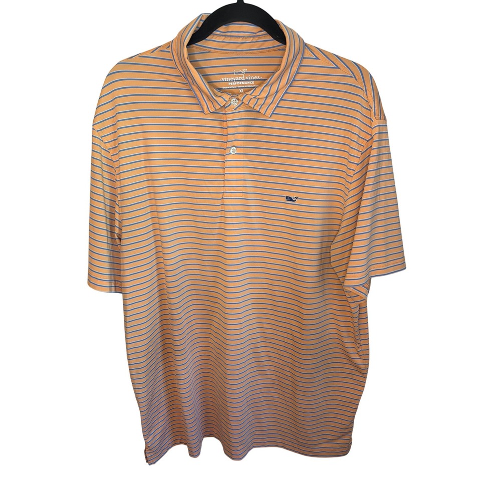 Vineyard Vines Performance Polo Shirt Mens XL Orange Blue Striped Golf Short Slv